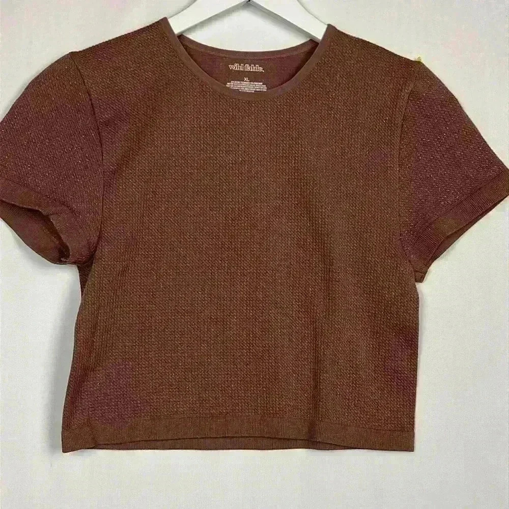 Wild Fable Womens Crop Top Dark Tan XL Short Sleeves Stretchy Pullover Sparkly